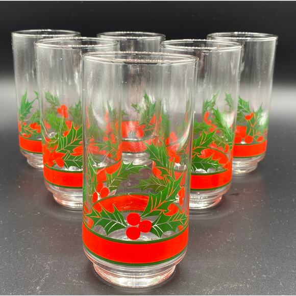 Libbey Other - Set 6 Vintage 1980 Libbey Glass Tumbler Christmas Holiday Red Ribbon Holly